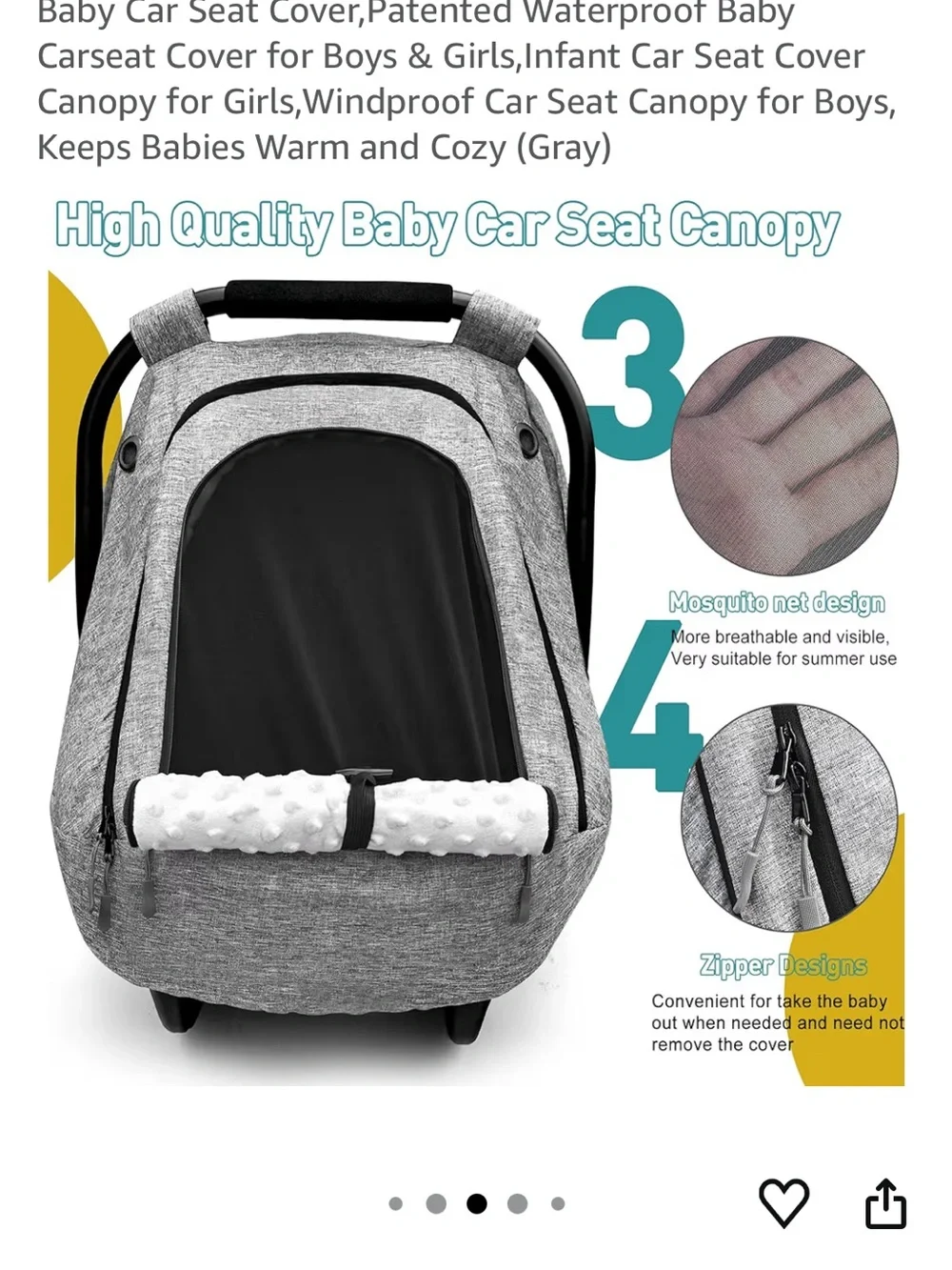Gray Baby Car Seat Cover - Waterproof Canopy
